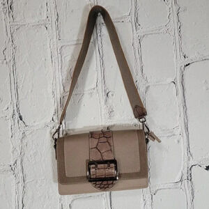 David Jones Paris Faux Leather Bag Purse Brown Croc Fabric Shoulder Strap Clutch